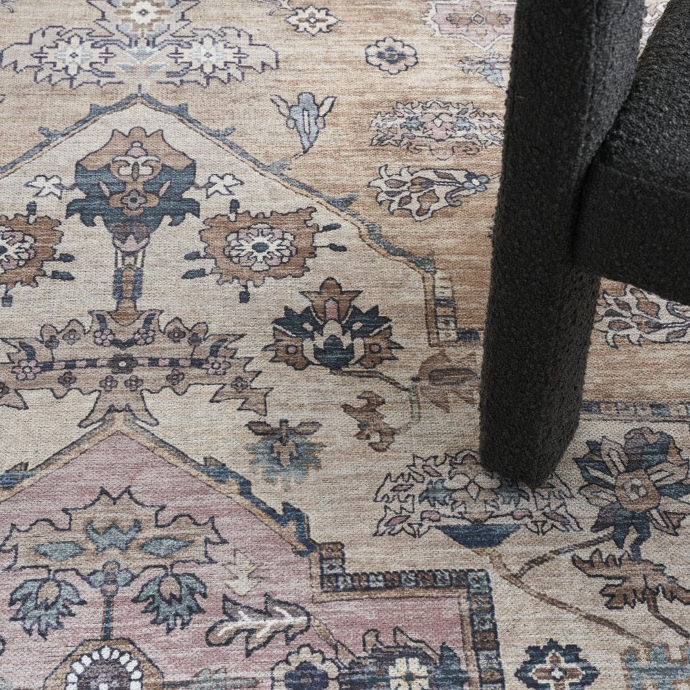 5' X 7' Beige and Gray Oriental Power Loom Distressed Washable Non Skid Area Rug