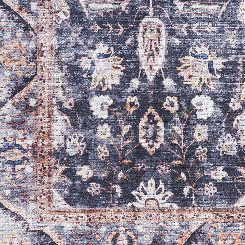 5' X 7' Blue and Ivory Oriental Power Loom Distressed Washable Non Skid Area Rug