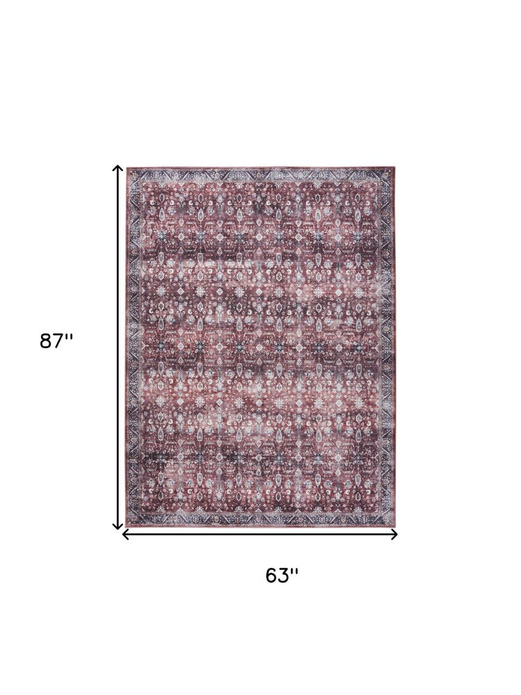 5' X 7' Red and Ivory Oriental Power Loom Distressed Washable Non Skid Area Rug