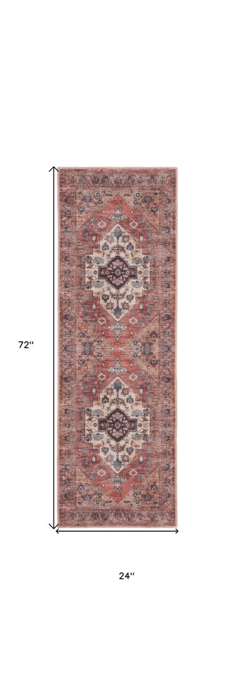 6' Red And Ivory Oriental Distressed Washable Runner Rug