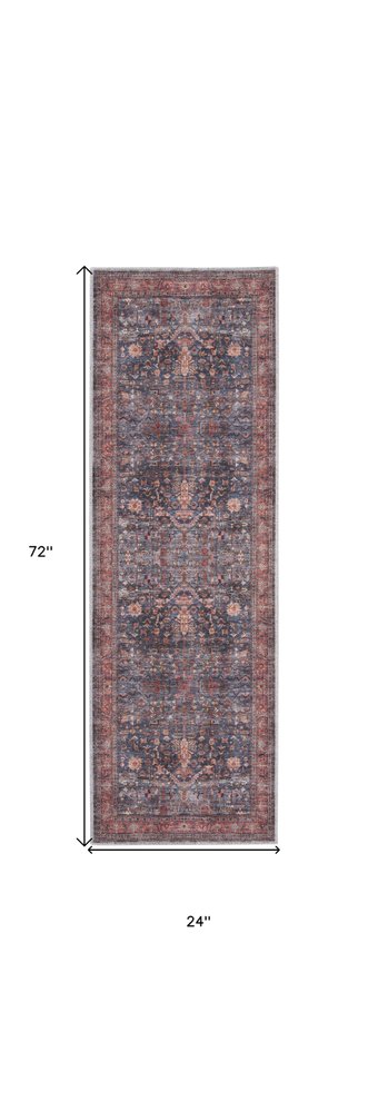 6' Blue And Red Oriental Distressed Washable Runner Rug