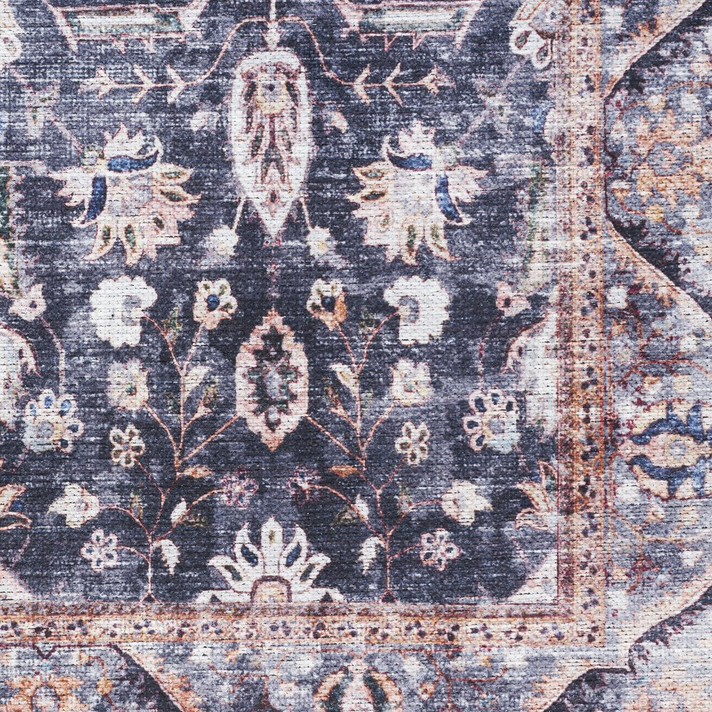 9' X 12' Blue and Ivory Oriental Power Loom Distressed Washable Non Skid Area Rug