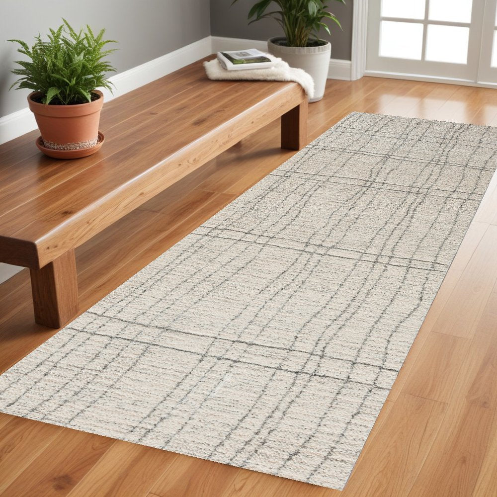 8' Gray And Ivory Abstract Runner Rug