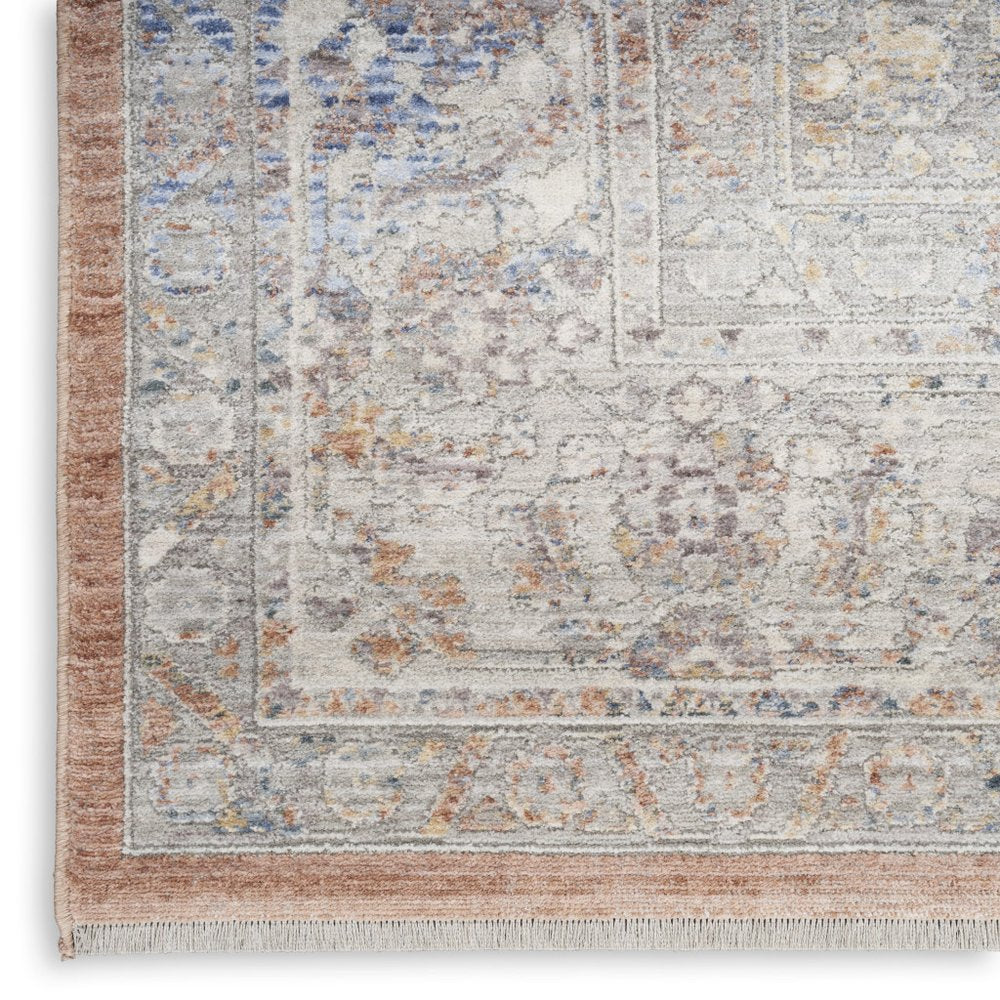 8' Brown and Blue Oriental Power Loom Distressed Runner Rug With Fringe