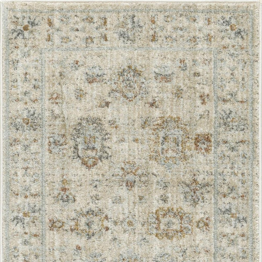 8' Beige and Ivory Oriental Power Loom Distressed Runner Rug With Fringe