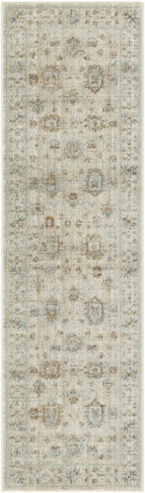8' Beige and Ivory Oriental Power Loom Distressed Runner Rug With Fringe