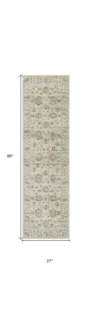 8' Beige and Ivory Oriental Power Loom Distressed Runner Rug With Fringe