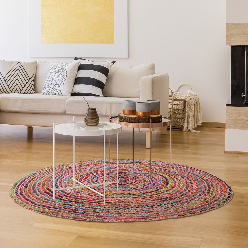 5' X 5' Tan Round Geometric Hand Braided Area Rug