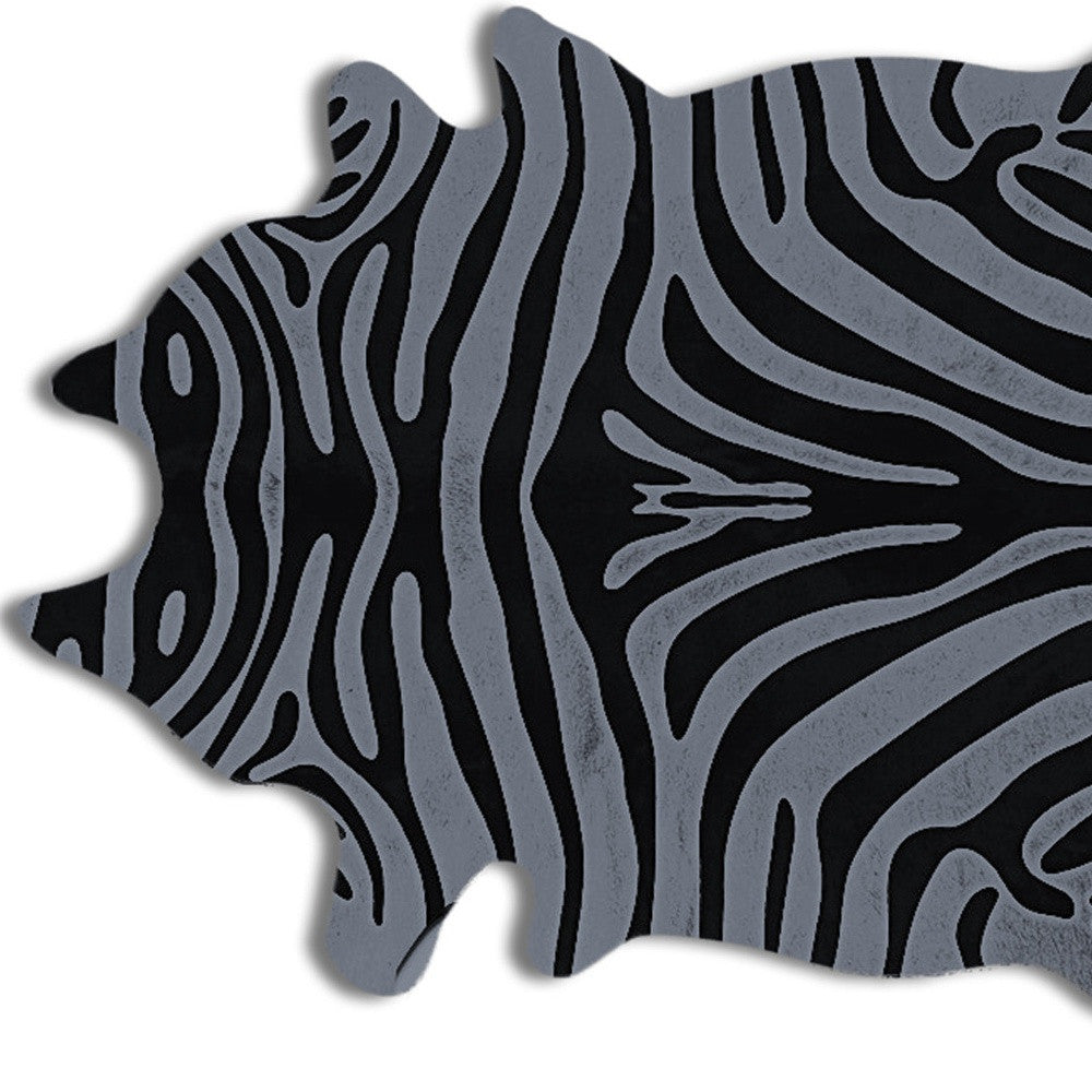 6' X 7' Gray and Black Zebra Print Genuine Cowhide Area Rug