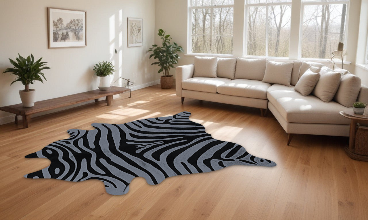 6' X 7' Gray and Black Zebra Print Genuine Cowhide Area Rug