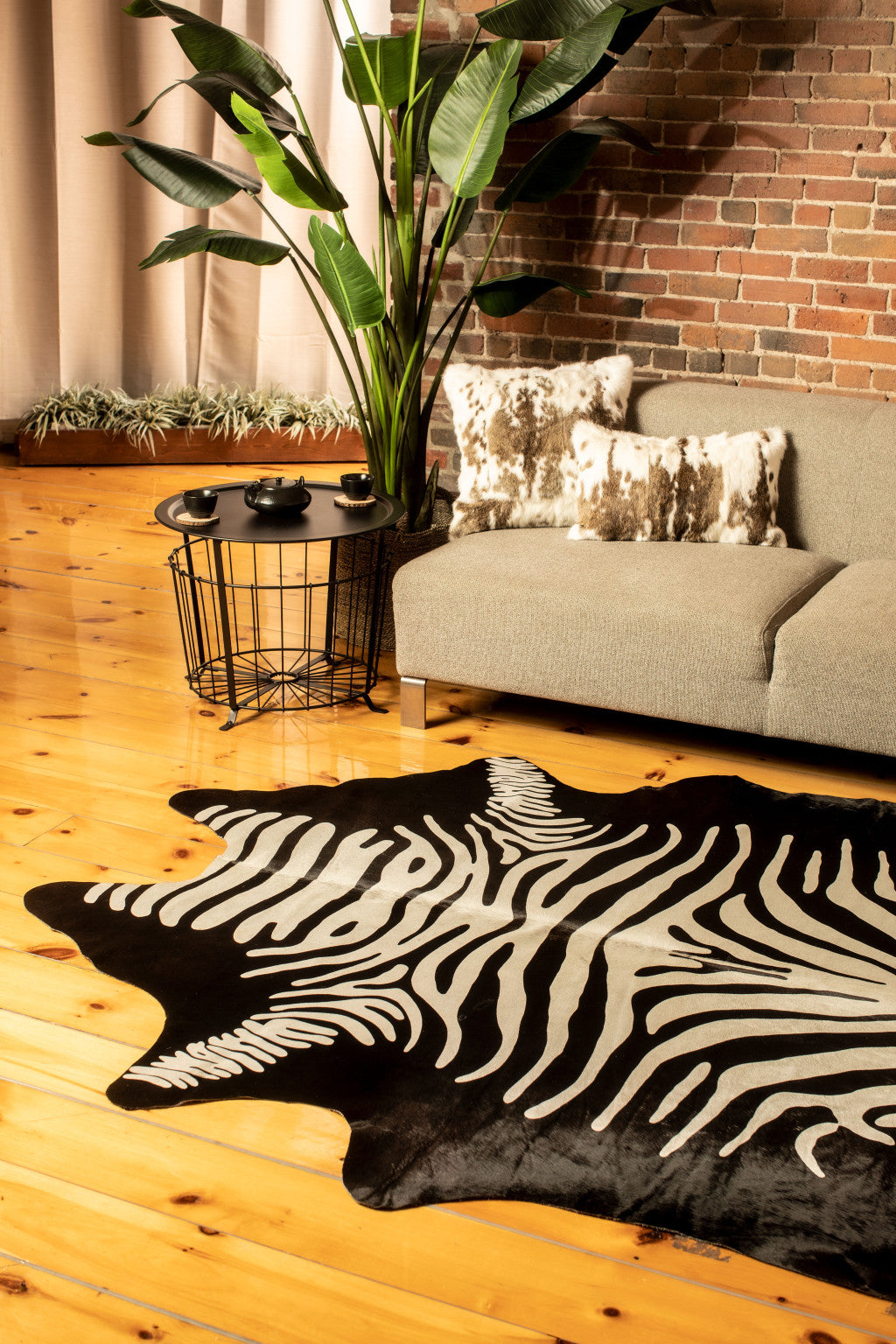 6' X 7' Gray and Black Zebra Print Genuine Cowhide Area Rug