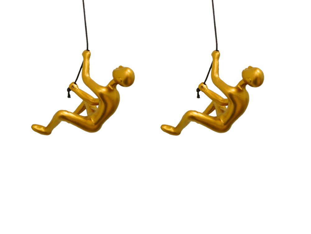 Set of Two Gold Resin Climbing Man Hanging Dimensional Sculpture