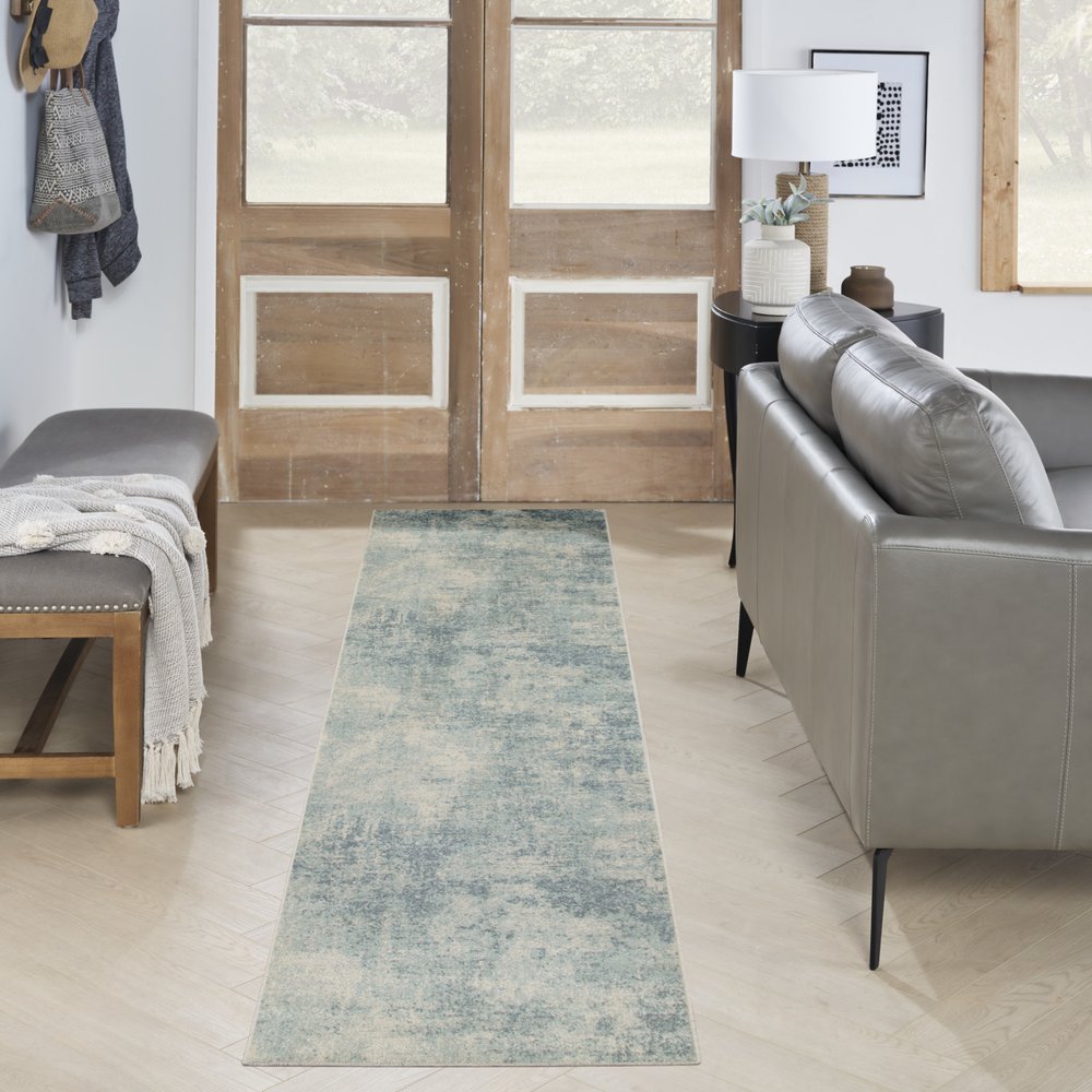 10' Blue And Ivory Abstract Washable Runner Rug