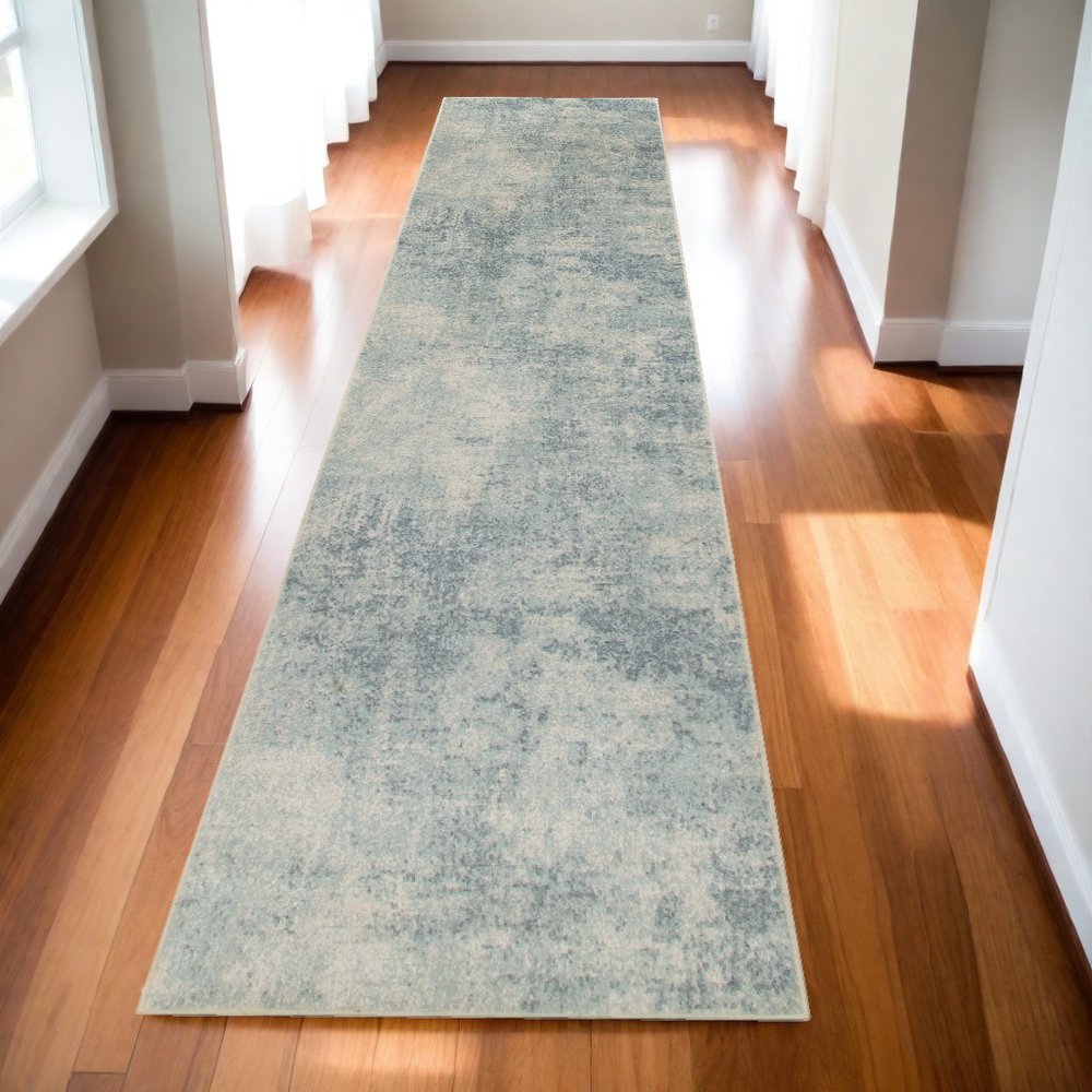 10' Blue And Ivory Abstract Washable Runner Rug