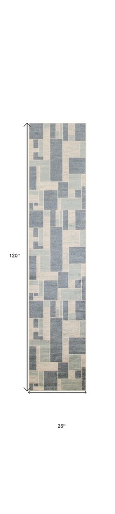 10' Blue And Ivory Geometric Washable Runner Rug