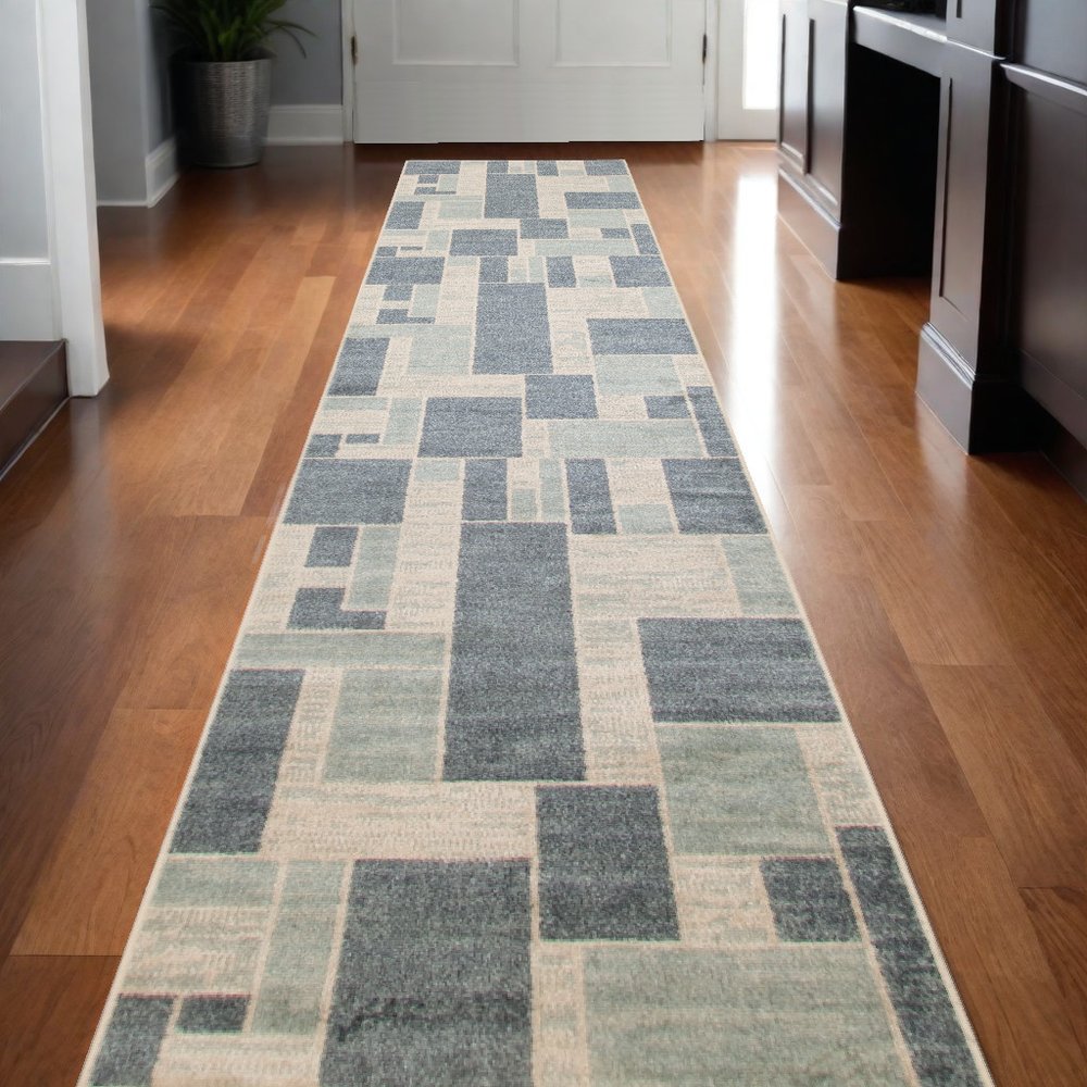 10' Blue And Ivory Geometric Washable Runner Rug