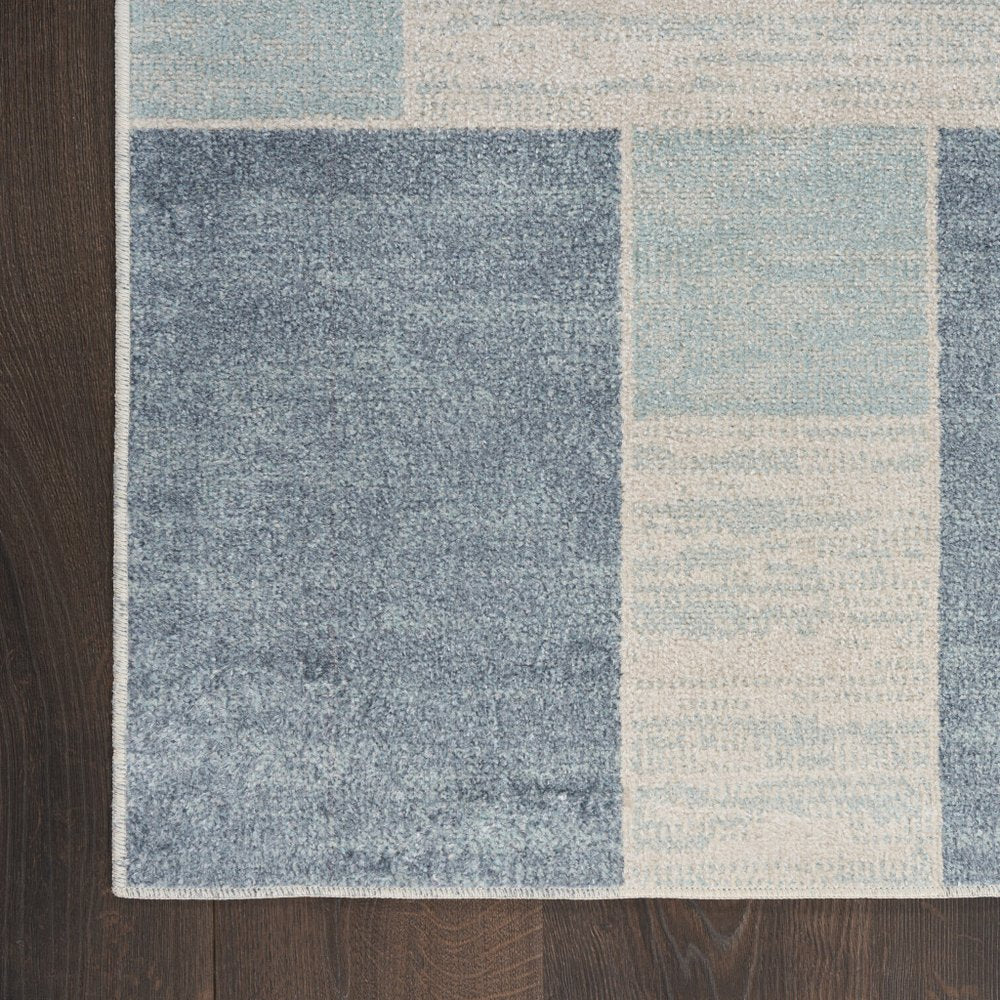 8' Blue And Ivory Geometric Washable Runner Rug