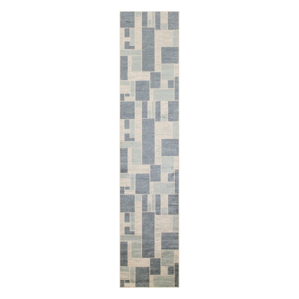 8' Blue And Ivory Geometric Washable Runner Rug