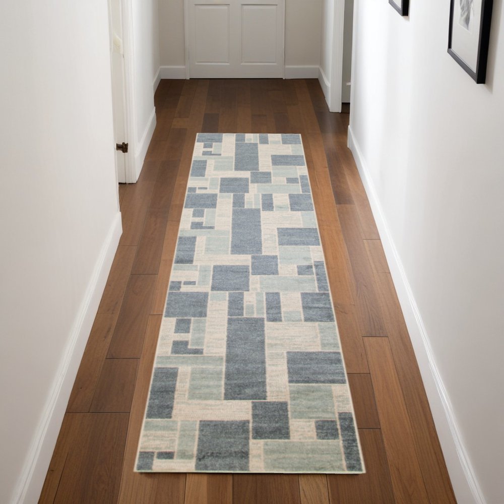 8' Blue And Ivory Geometric Washable Runner Rug