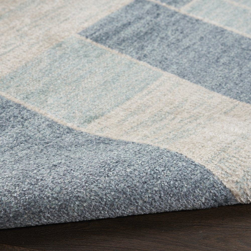 8' Blue And Ivory Geometric Washable Runner Rug