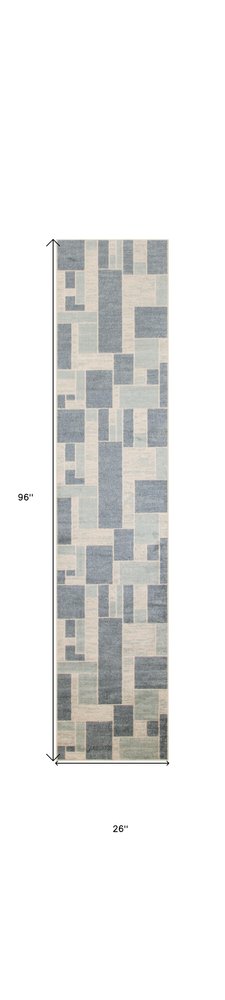 8' Blue And Ivory Geometric Washable Runner Rug
