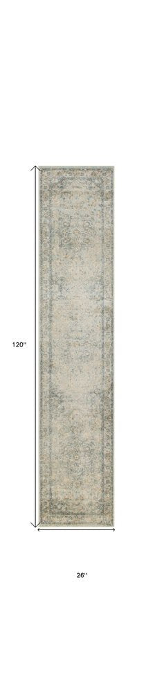 10' Blue And Ivory Floral Medallion Distressed Washable Runner Rug