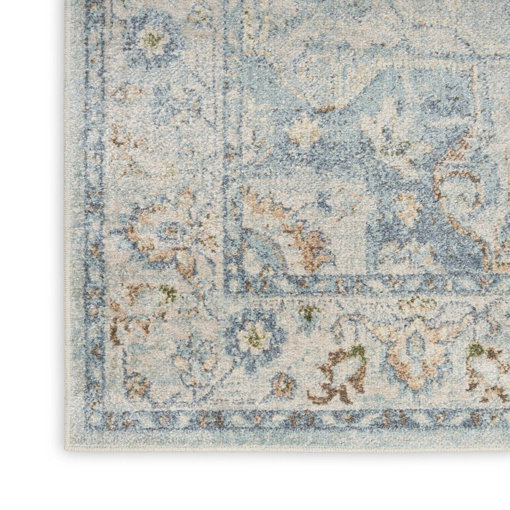 10' Blue And Ivory Floral Medallion Distressed Washable Runner Rug