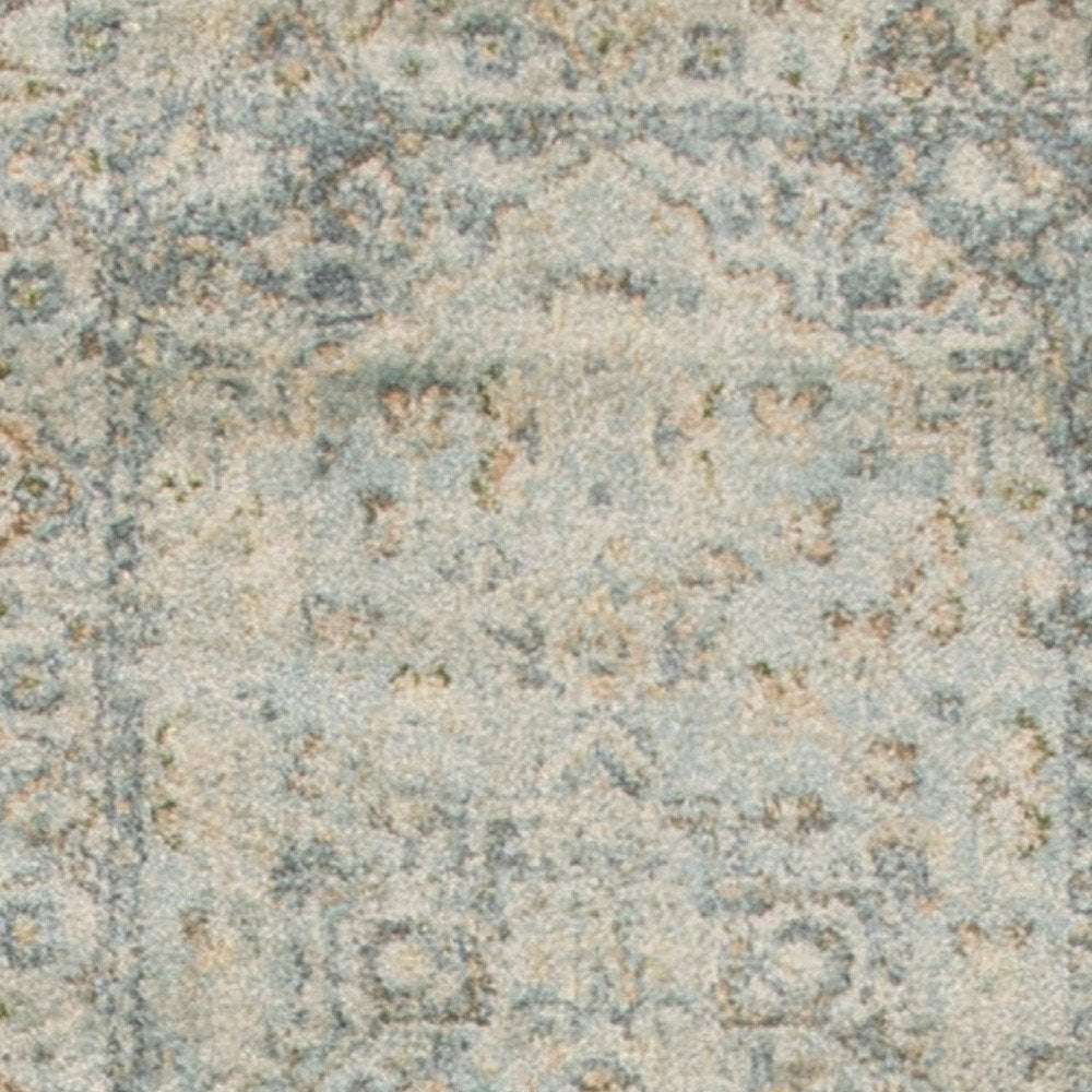 10' Blue And Ivory Floral Medallion Distressed Washable Runner Rug