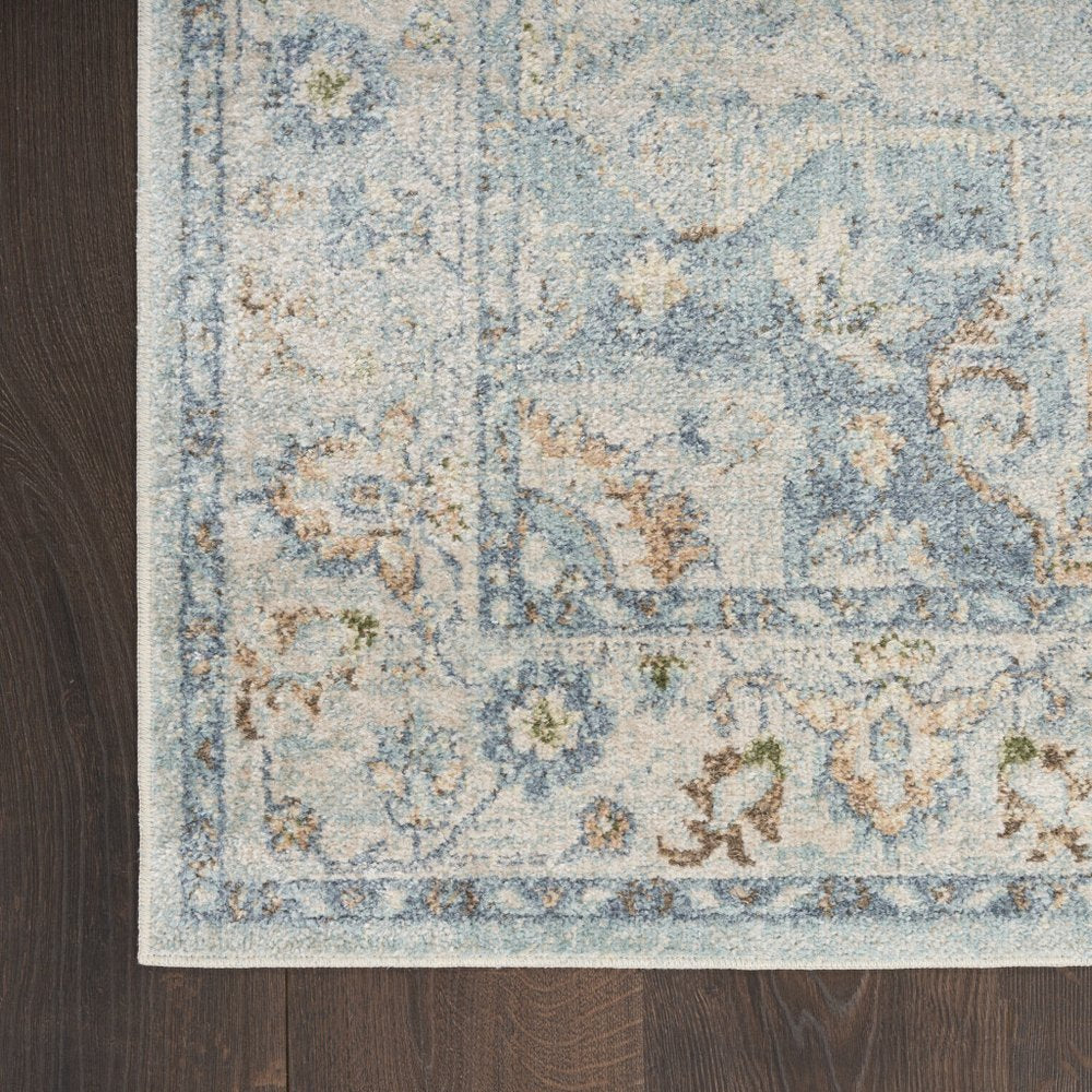 8' Blue And Ivory Floral Medallion Distressed Washable Runner Rug