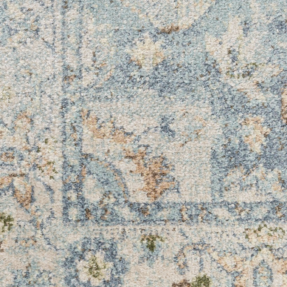 8' Blue And Ivory Floral Medallion Distressed Washable Runner Rug