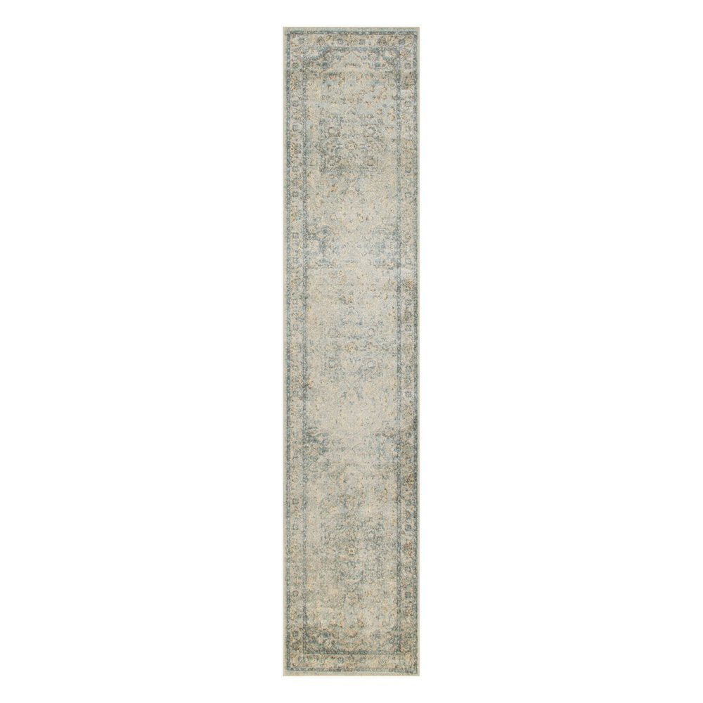 8' Blue And Ivory Floral Medallion Distressed Washable Runner Rug