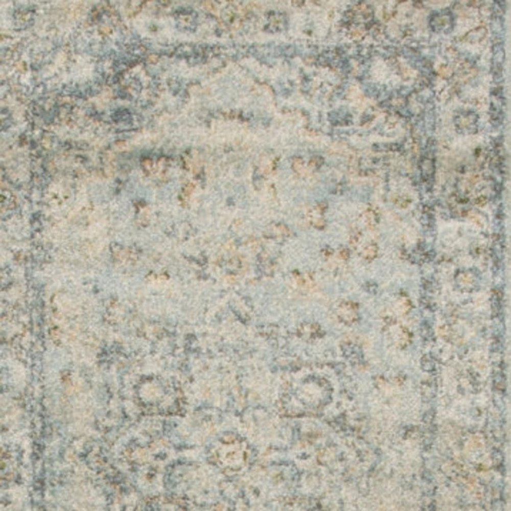 8' Blue And Ivory Floral Medallion Distressed Washable Runner Rug