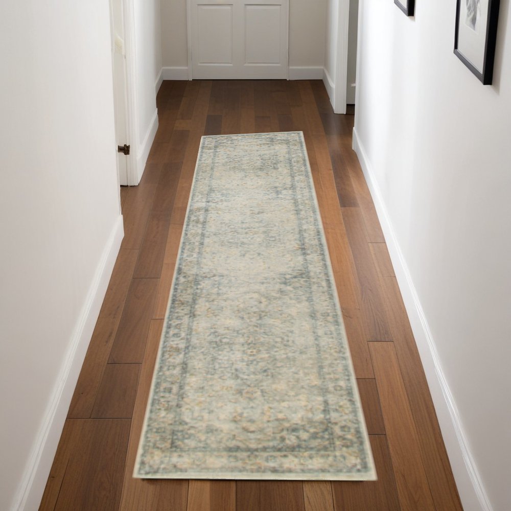 8' Blue And Ivory Floral Medallion Distressed Washable Runner Rug