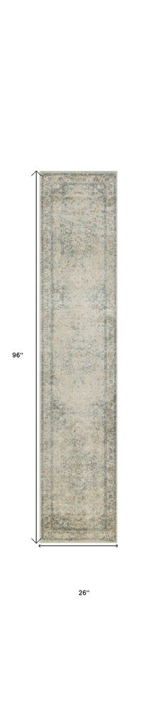 8' Blue And Ivory Floral Medallion Distressed Washable Runner Rug