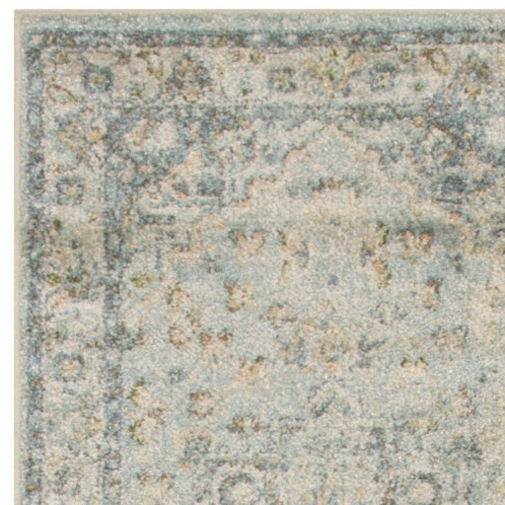8' Blue And Ivory Floral Medallion Distressed Washable Runner Rug