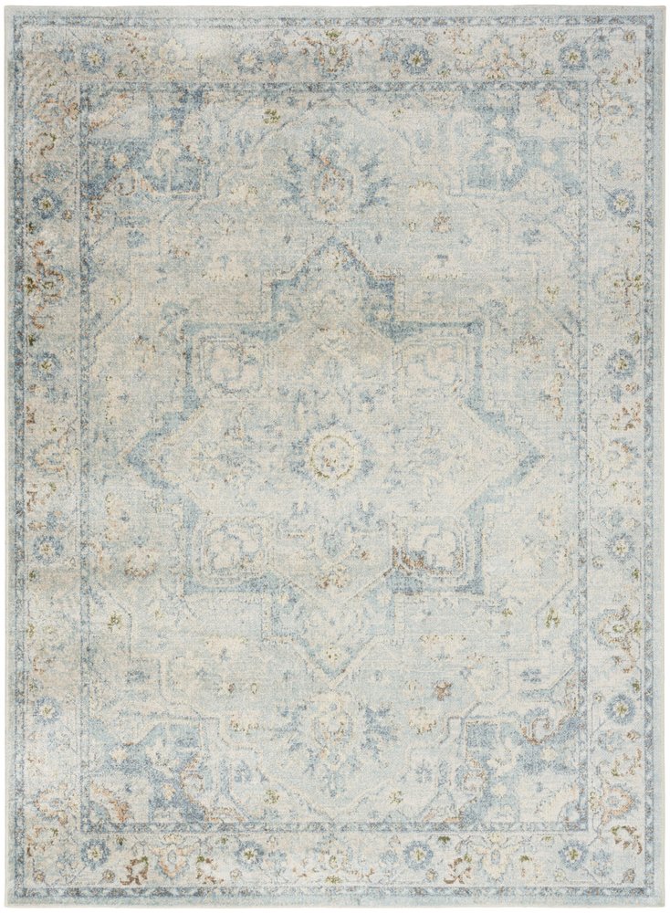 5' X 7' Blue and Ivory Floral Medallion Power Loom Distressed Washable Area Rug