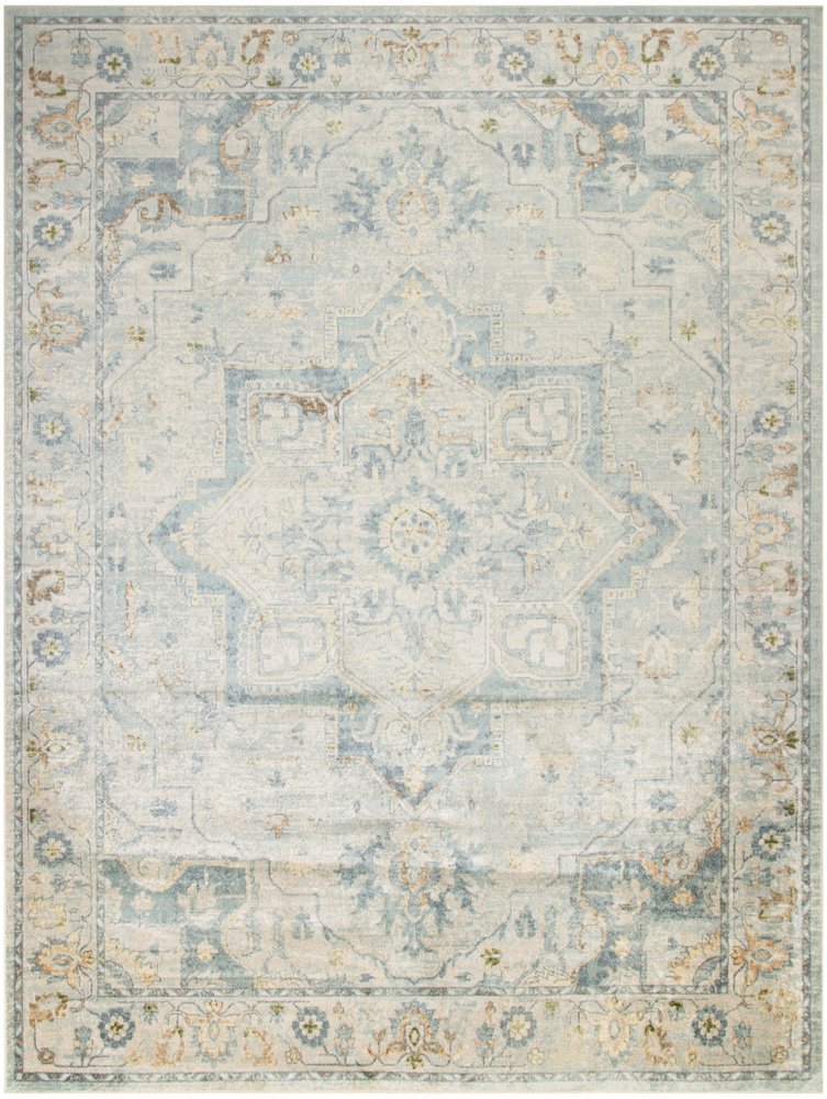 8' X 10' Blue and Ivory Floral Medallion Power Loom Distressed Washable Area Rug