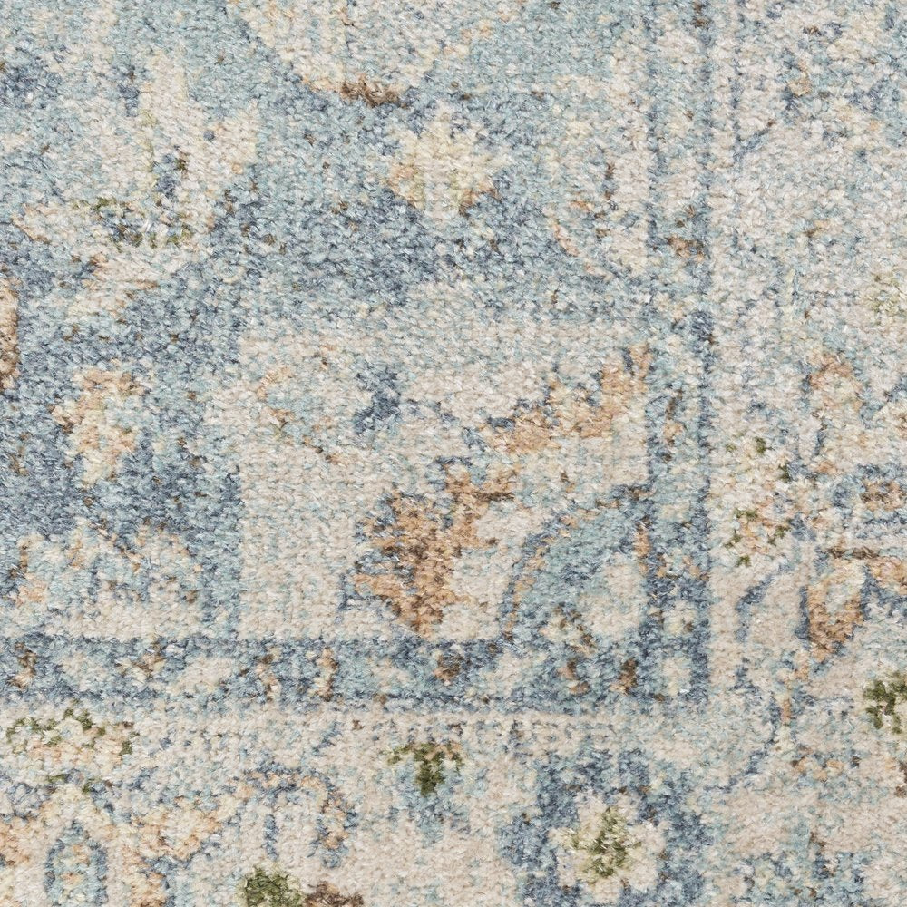 9' X 12' Blue and Ivory Floral Medallion Power Loom Distressed Washable Area Rug