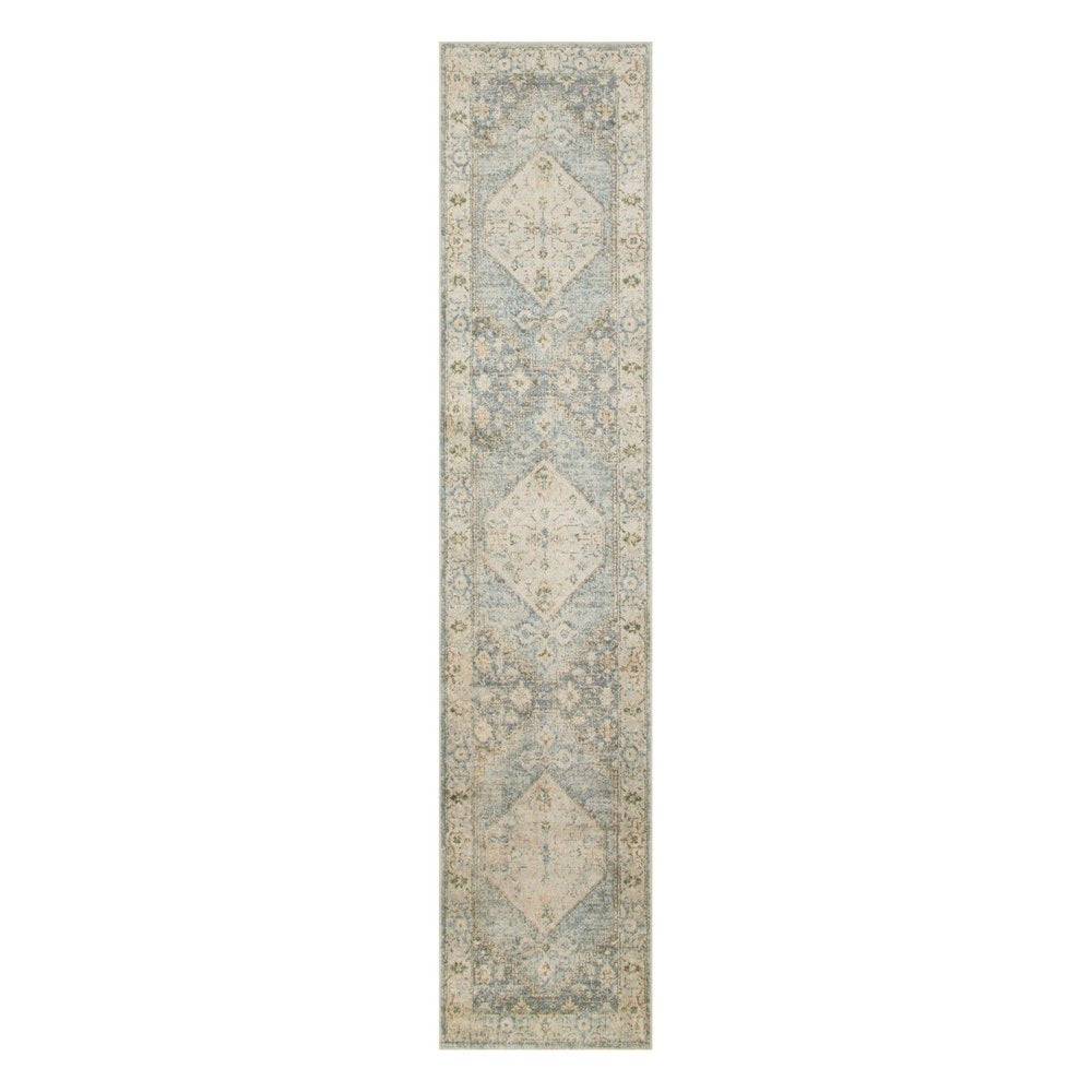 10' Blue And Silver Floral Medallion Distressed Washable Runner Rug