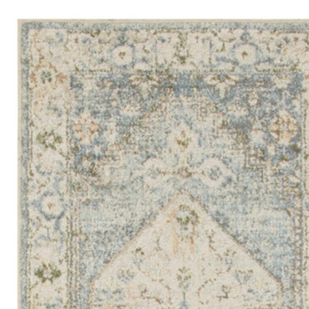 10' Blue And Silver Floral Medallion Distressed Washable Runner Rug