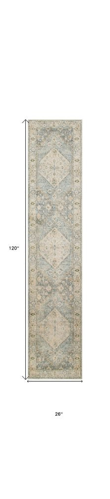 10' Blue And Silver Floral Medallion Distressed Washable Runner Rug