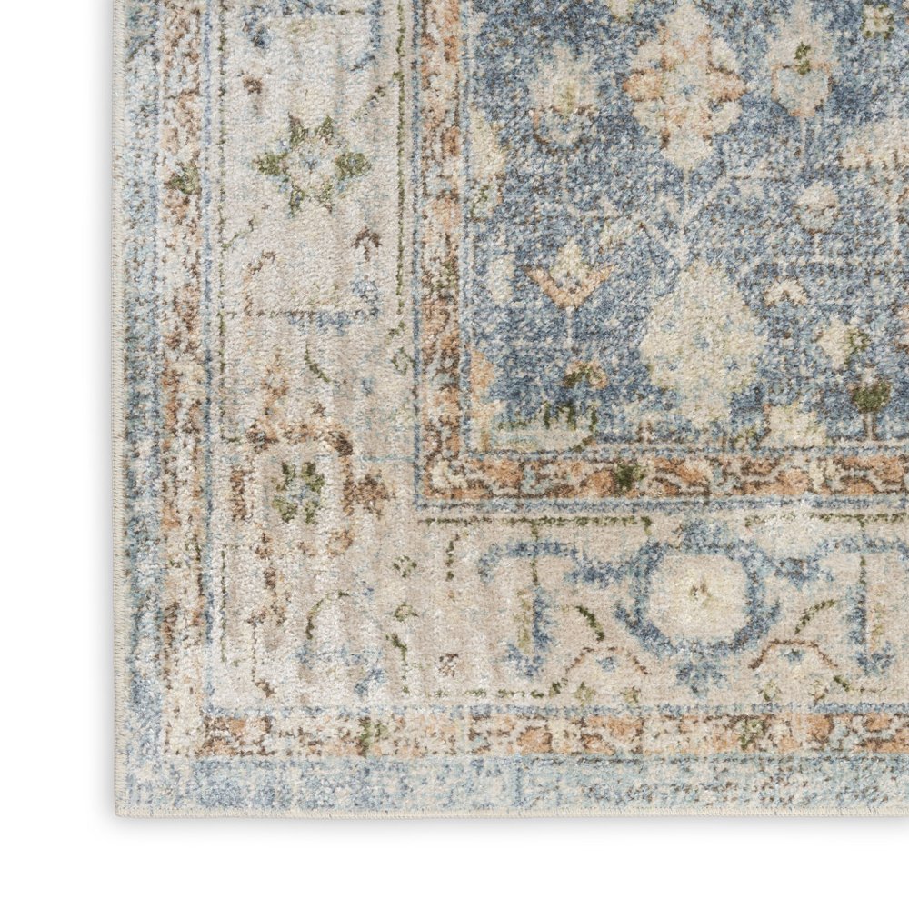 10' Blue And Silver Floral Medallion Distressed Washable Runner Rug