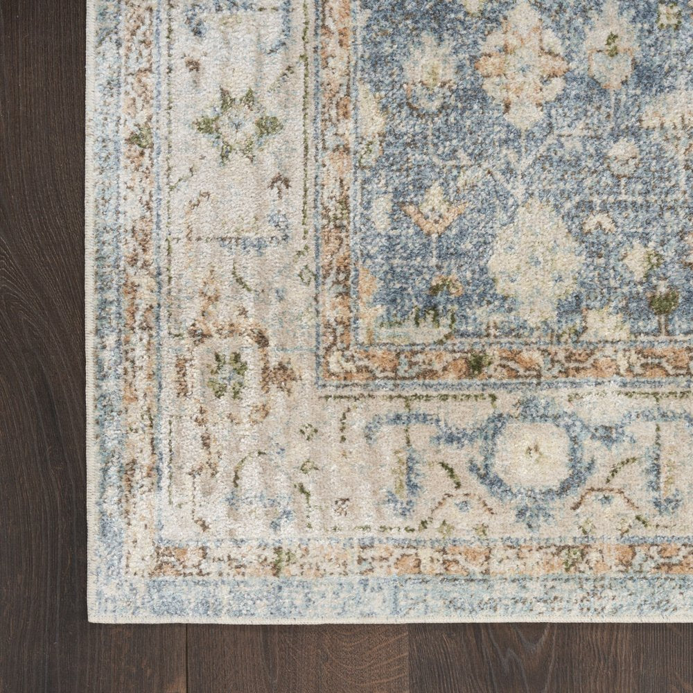 8' Blue And Silver Floral Medallion Distressed Washable Runner Rug