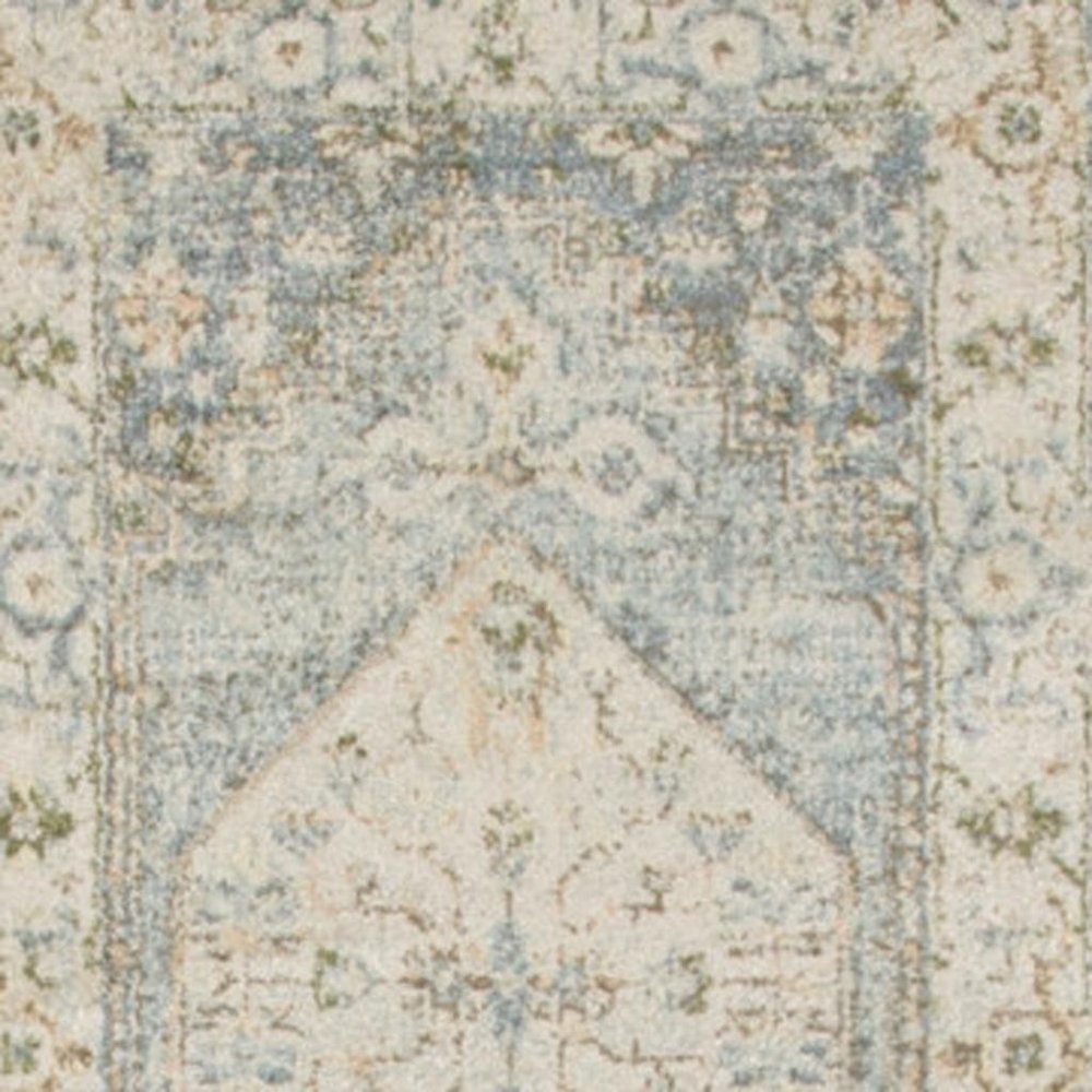 8' Blue And Silver Floral Medallion Distressed Washable Runner Rug