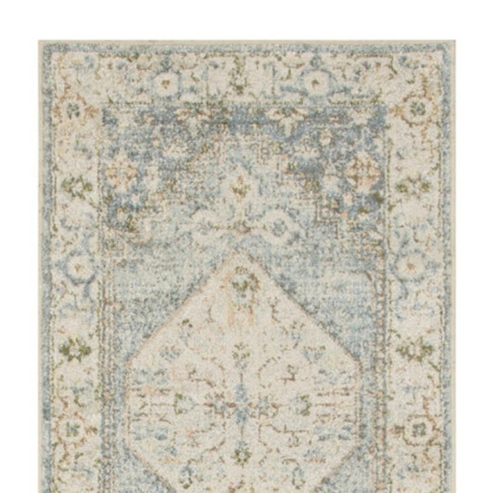 8' Blue And Silver Floral Medallion Distressed Washable Runner Rug