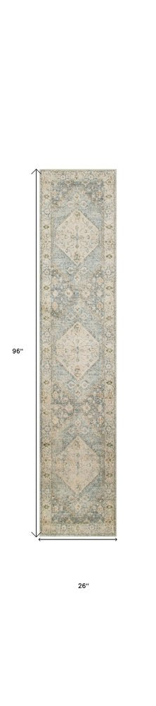 8' Blue And Silver Floral Medallion Distressed Washable Runner Rug