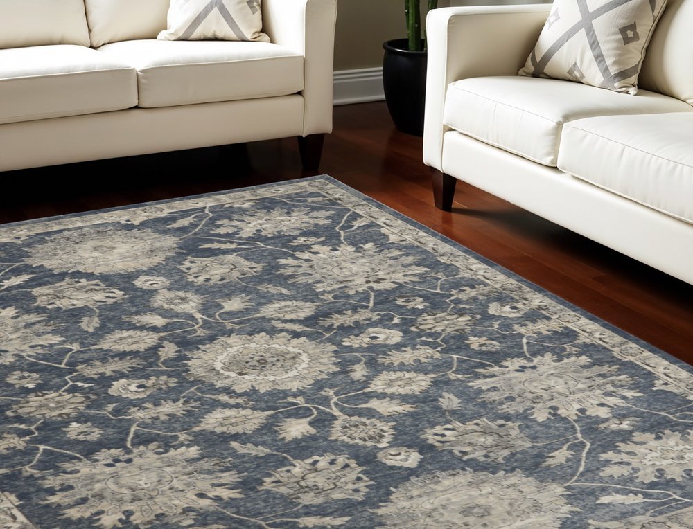 9' X 12' Beige and Blue Floral Medallion Power Loom Area Rug
