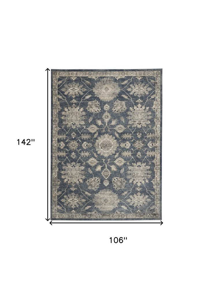 9' X 12' Beige and Blue Floral Medallion Power Loom Area Rug