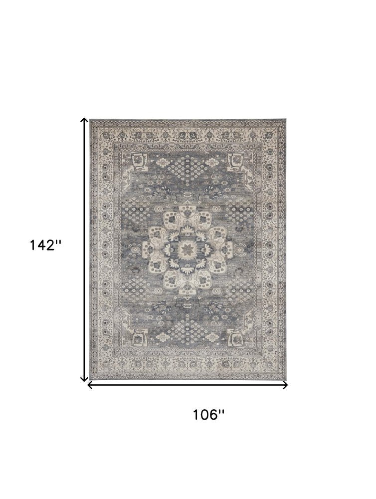 9' X 12' Gray and Ivory Medallion Power Loom Area Rug