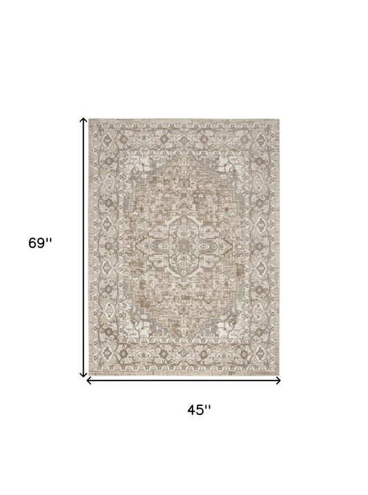 4' X 6' Beige and Ivory Medallion Power Loom Distressed Area Rug